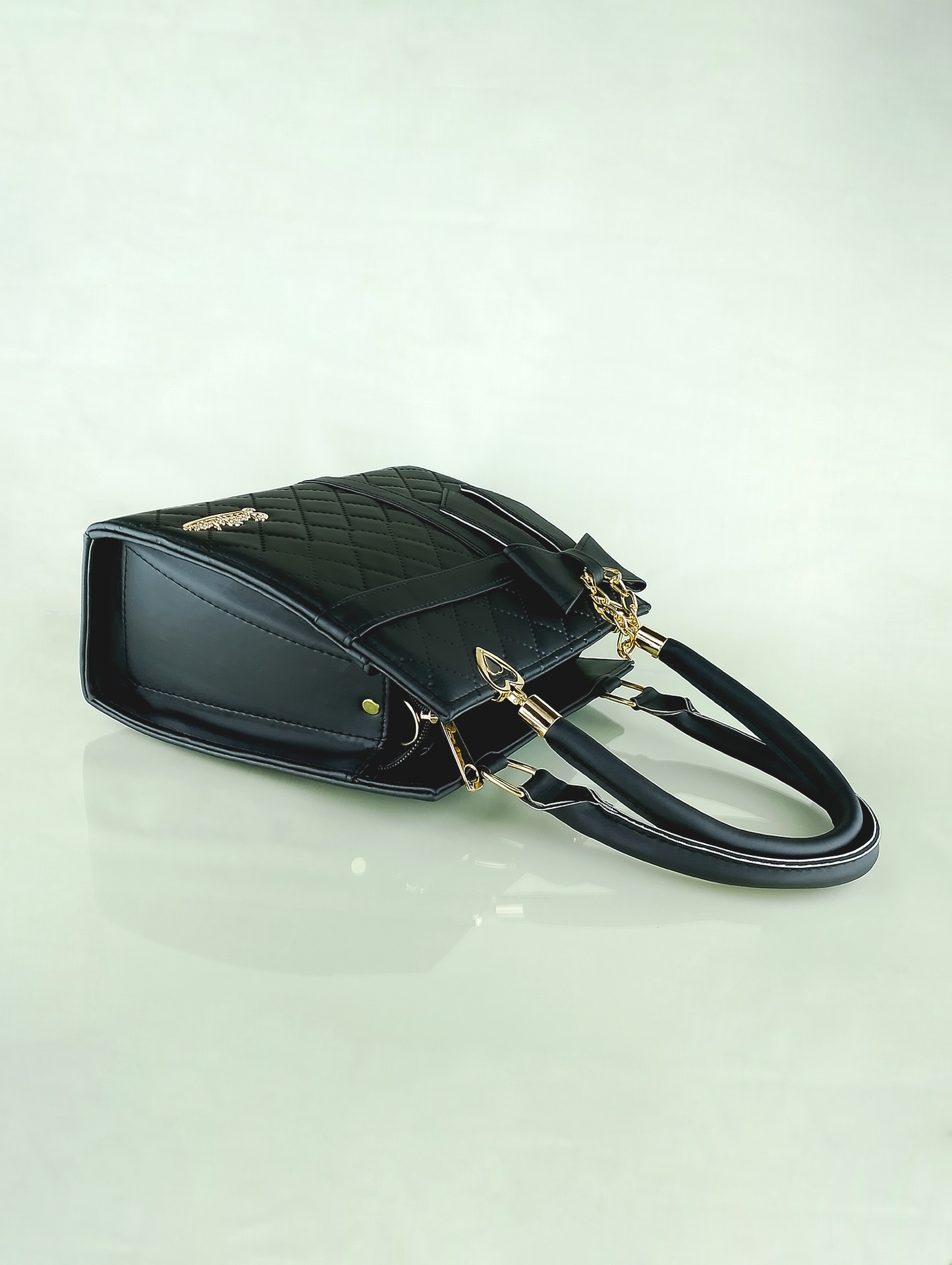 Black Quilted Faux Leather Handbag – Elegant Bow Design & Gold Accents