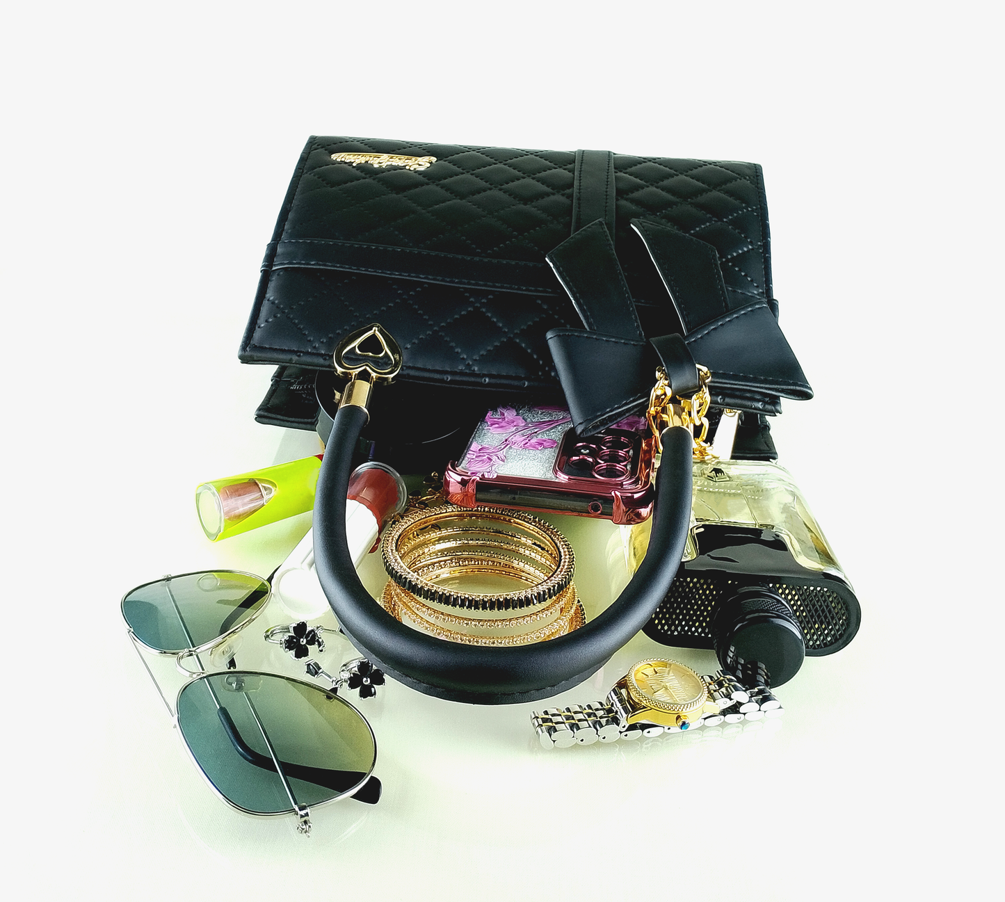 Black Quilted Faux Leather Handbag – Elegant Bow Design & Gold Accents