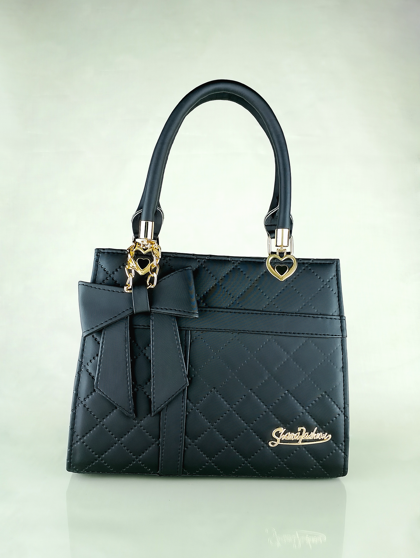 Black Quilted Faux Leather Handbag – Elegant Bow Design & Gold Accents