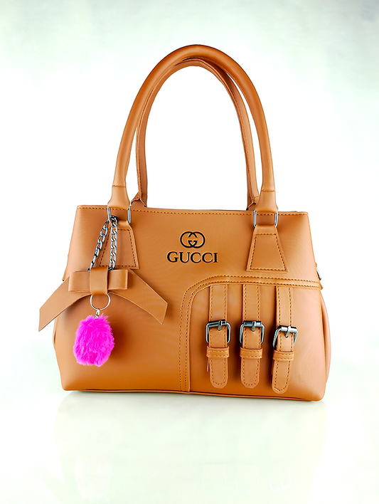 Light Brown Faux Leather Handbag – Triple Buckle Design with Pink Charm