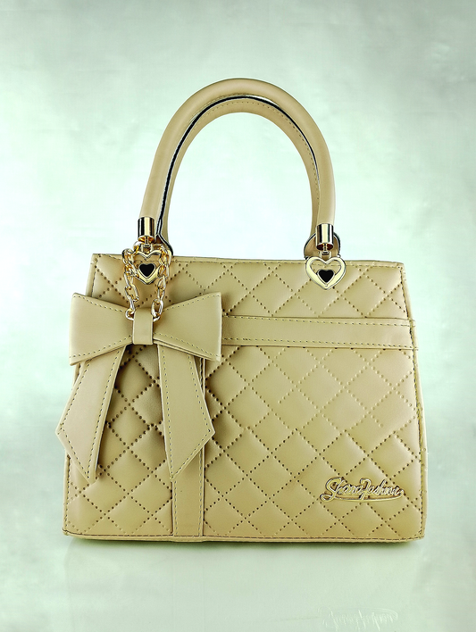 Beige Quilted Faux Leather Handbag – Elegant Bow Design & Gold Accents