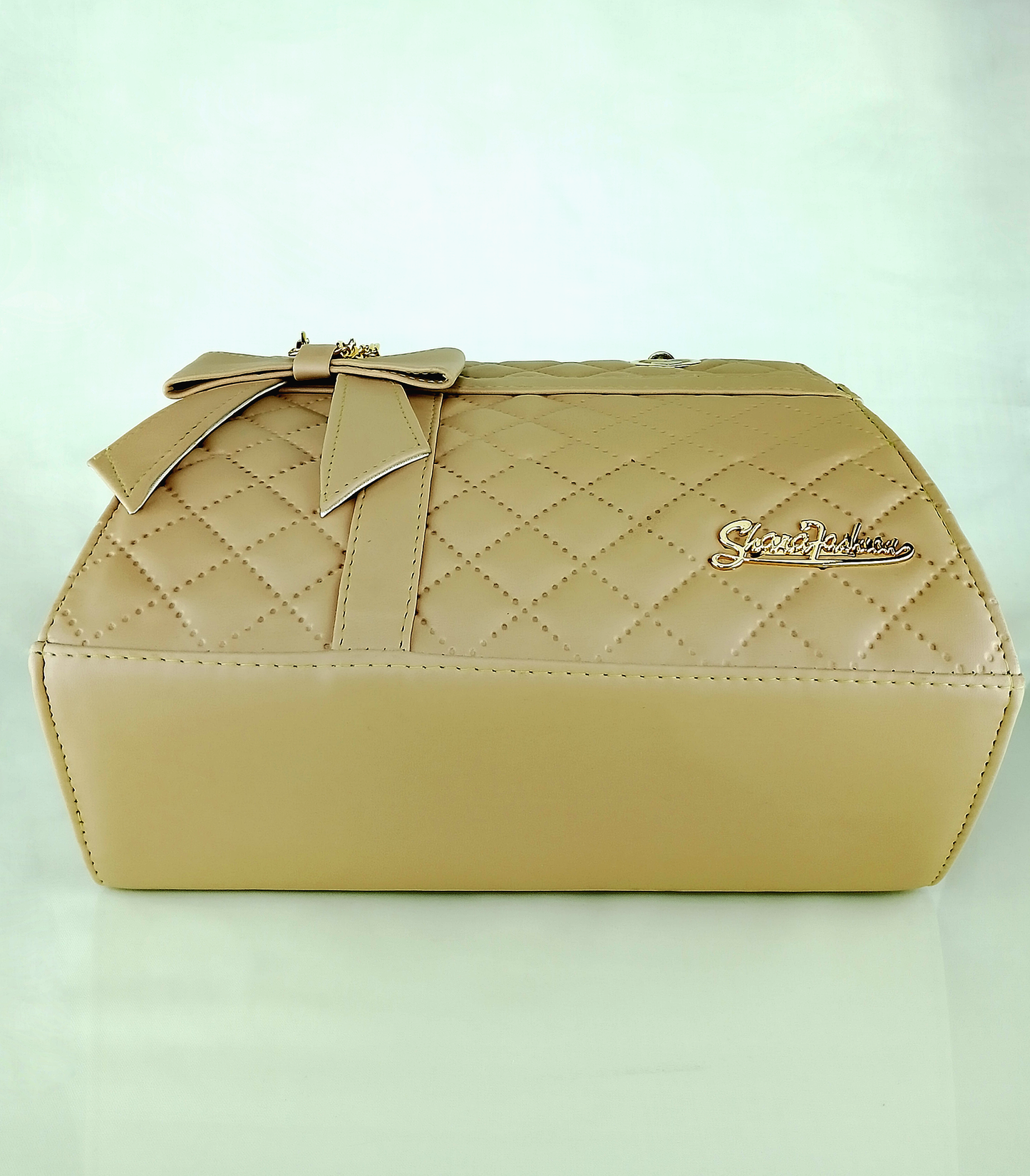 Beige Quilted Faux Leather Handbag – Elegant Bow Design & Gold Accents