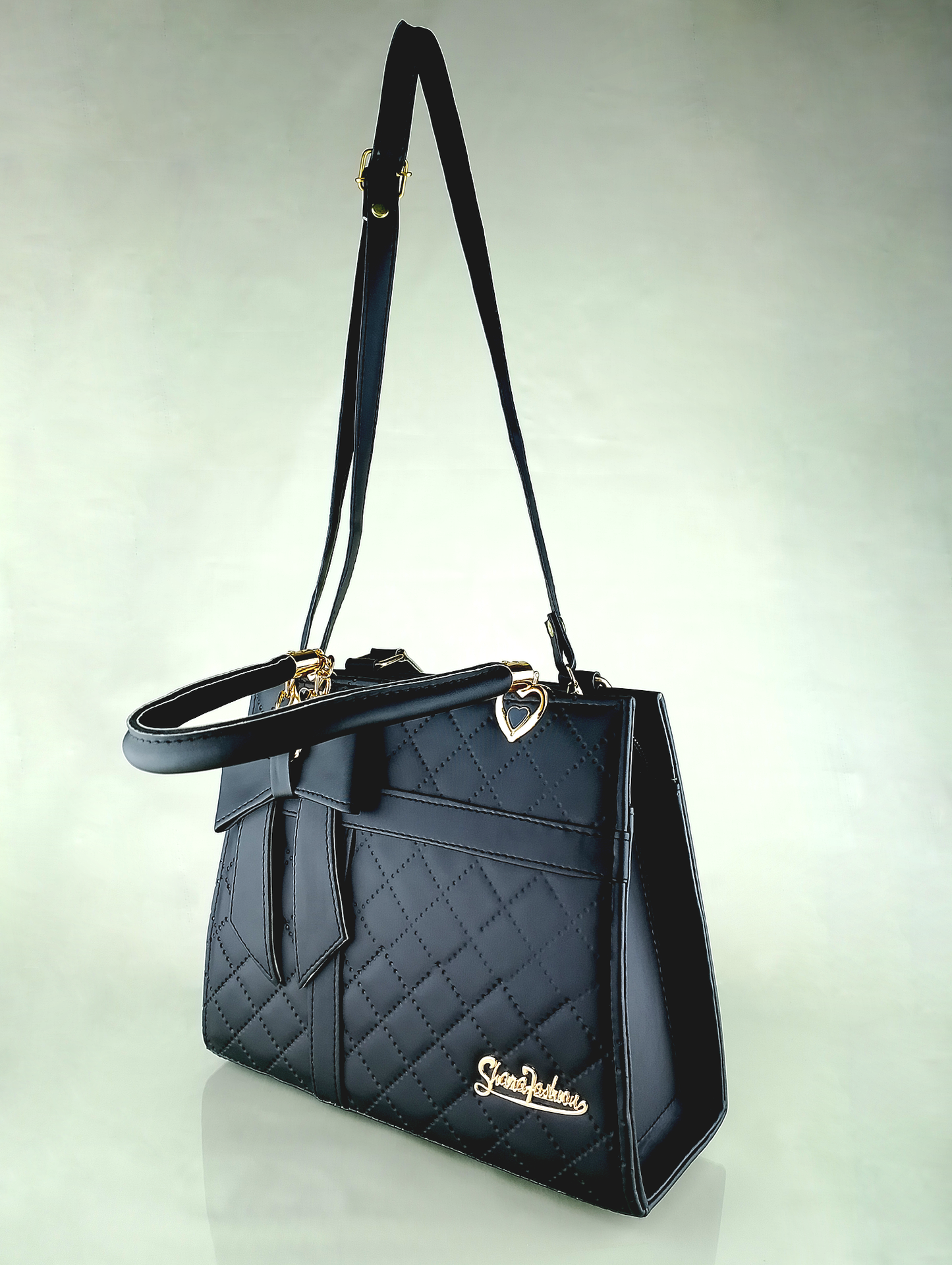 Black Quilted Faux Leather Handbag – Elegant Bow Design & Gold Accents