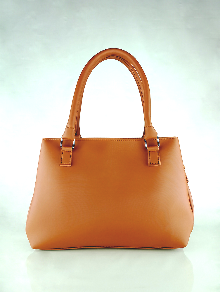 Light Brown Faux Leather Handbag – Triple Buckle Design with Pink Charm