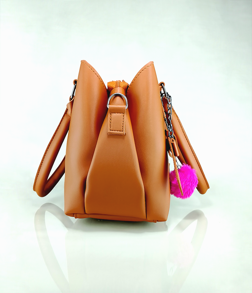 Light Brown Faux Leather Handbag – Triple Buckle Design with Pink Charm