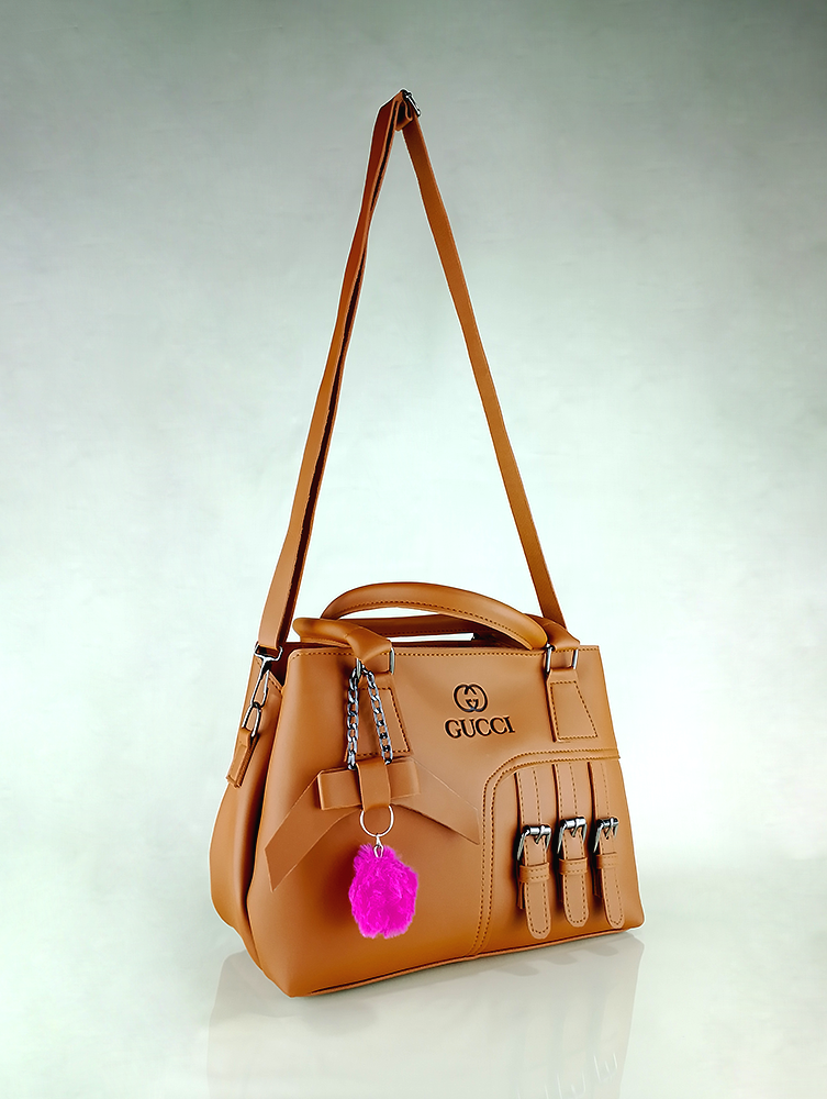 Light Brown Faux Leather Handbag – Triple Buckle Design with Pink Charm