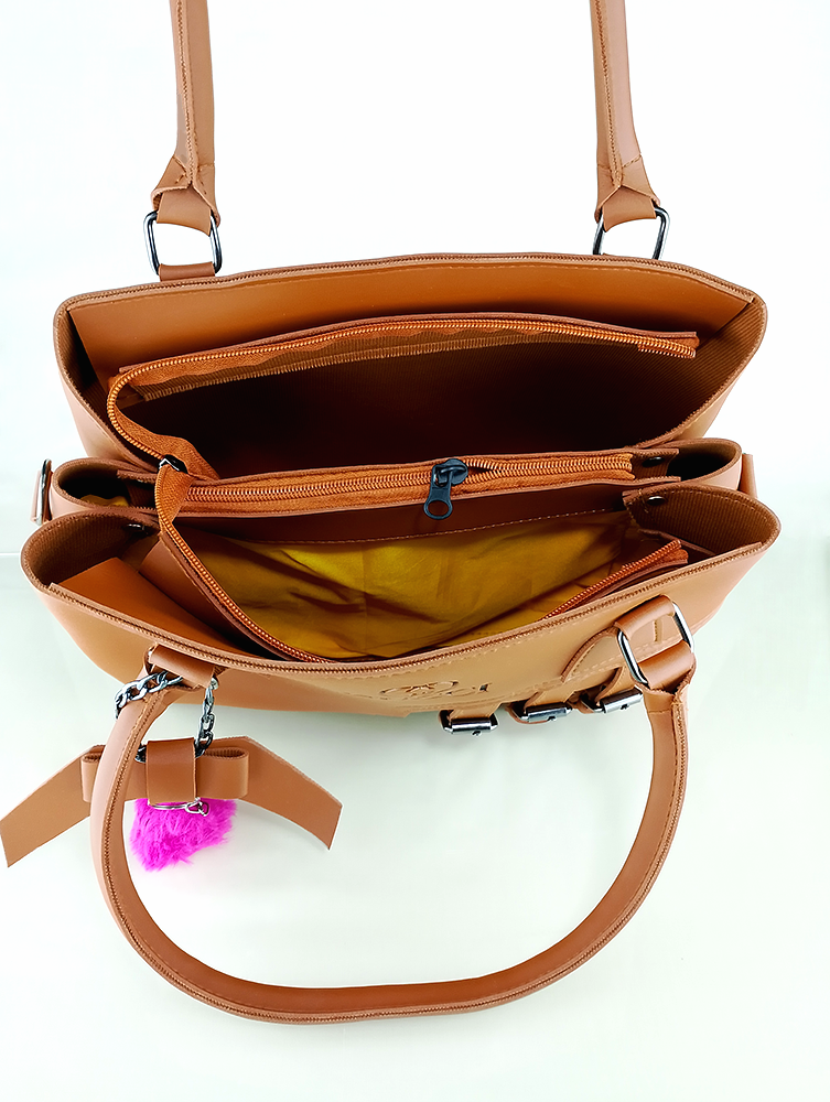 Light Brown Faux Leather Handbag – Triple Buckle Design with Pink Charm